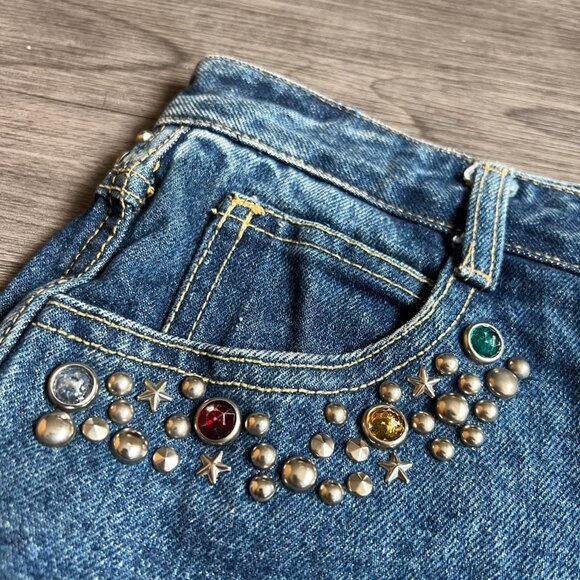 Vintage 80s Yes Clothing Co. Bedazzled Jeweled Dark Wash Denim Jeans Size 12 - Picture 3 of 8